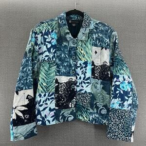 VTG Casual Studio Rayon Quilted‎ Patchwork Boho Jacket Floral Blue Periwinkle XL